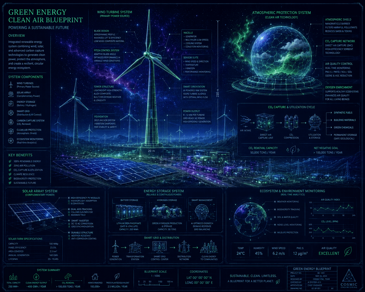 Cosmic green energy clean air blueprint — wind turbine system, solar array, energy storage, atmospheric protection, and CO₂ capture cycle