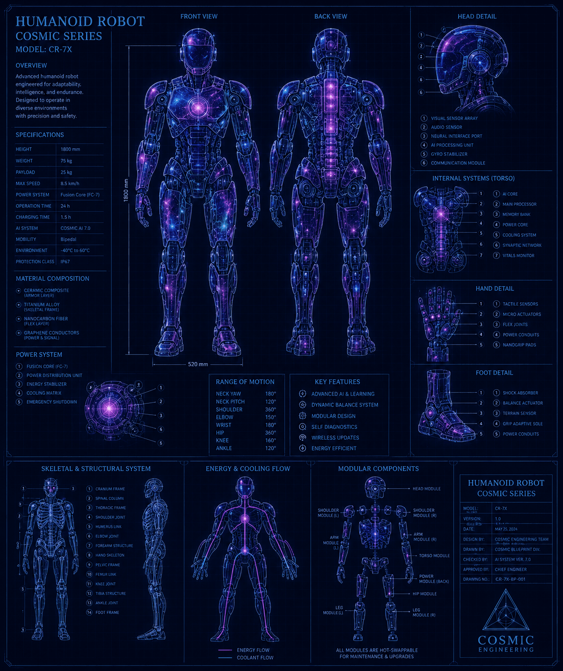 Cosmic humanoid robot blueprint — CR-7X model with full specs, internal systems, hand and foot detail, skeletal structure, and modular components