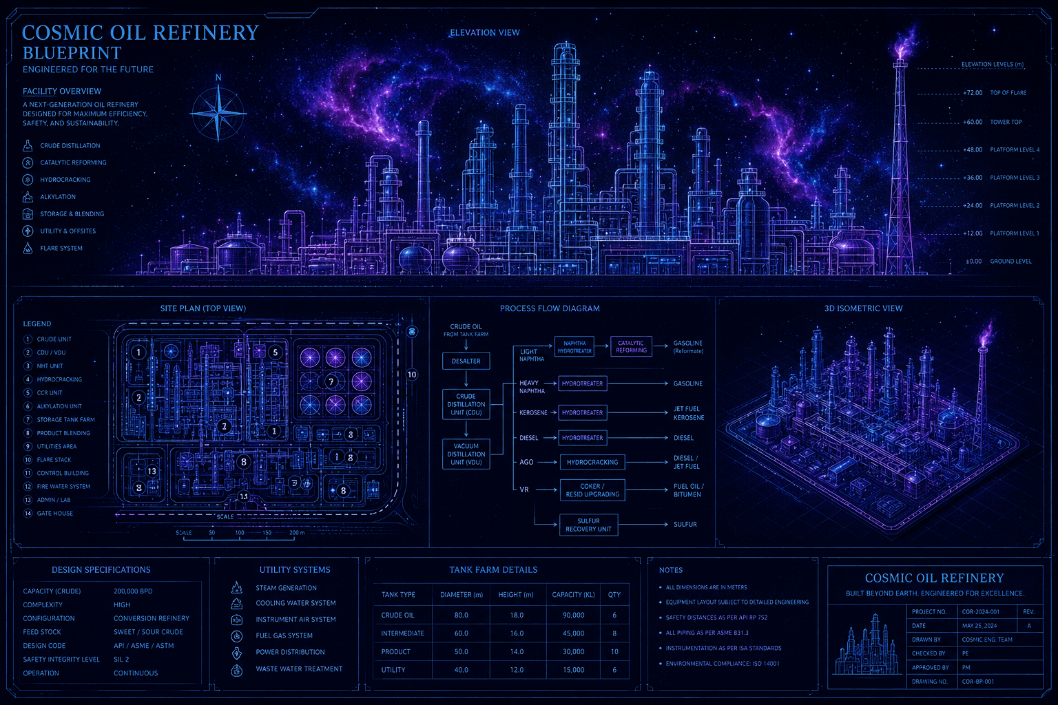 Cosmic oil refinery blueprint — facility overview, site plan, process flow, and 3D isometric view